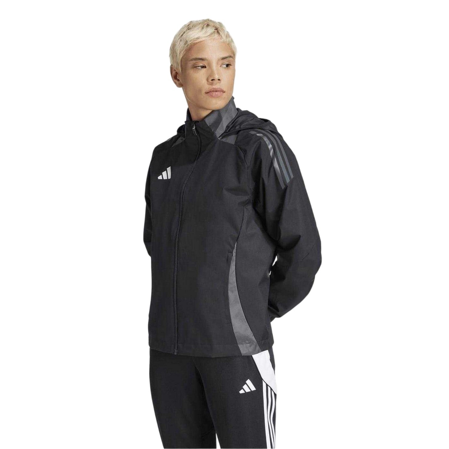 Black-Dark Grey - Side - Adidas Womens-Ladies Tiro 24 3 Stripes Hooded Raglan Anorak