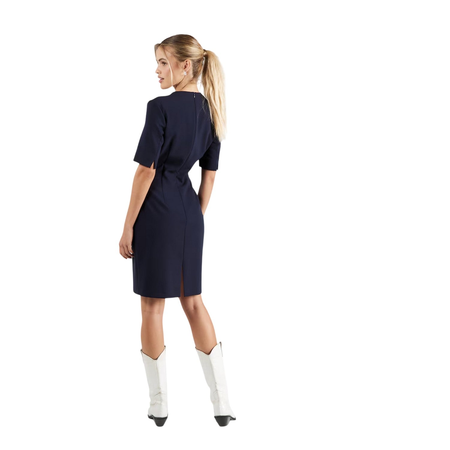 Blue - Back - Boss Womens-Ladies Daleno V Neck 3-4 Sleeve Midi Dress