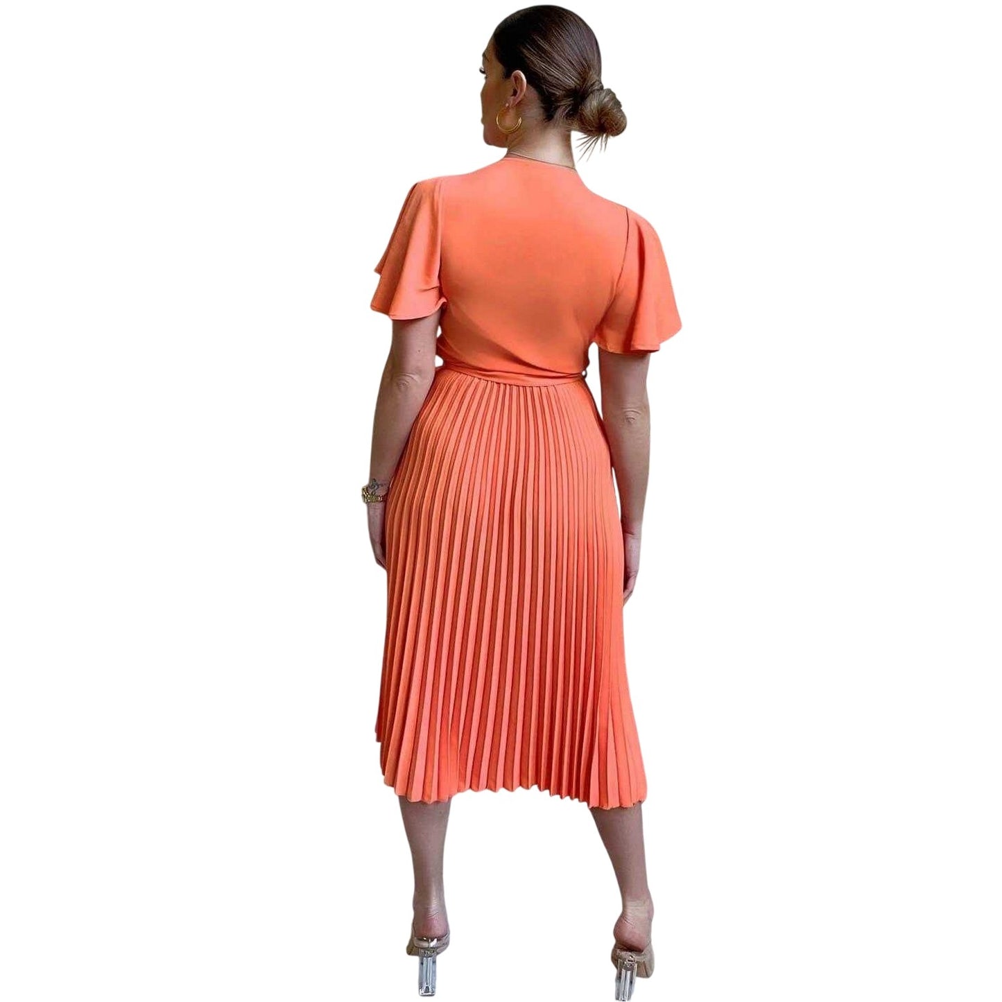 Orange - Back - AX Paris Womens-Ladies Pleated Polyester Waist Tie Midi Dress