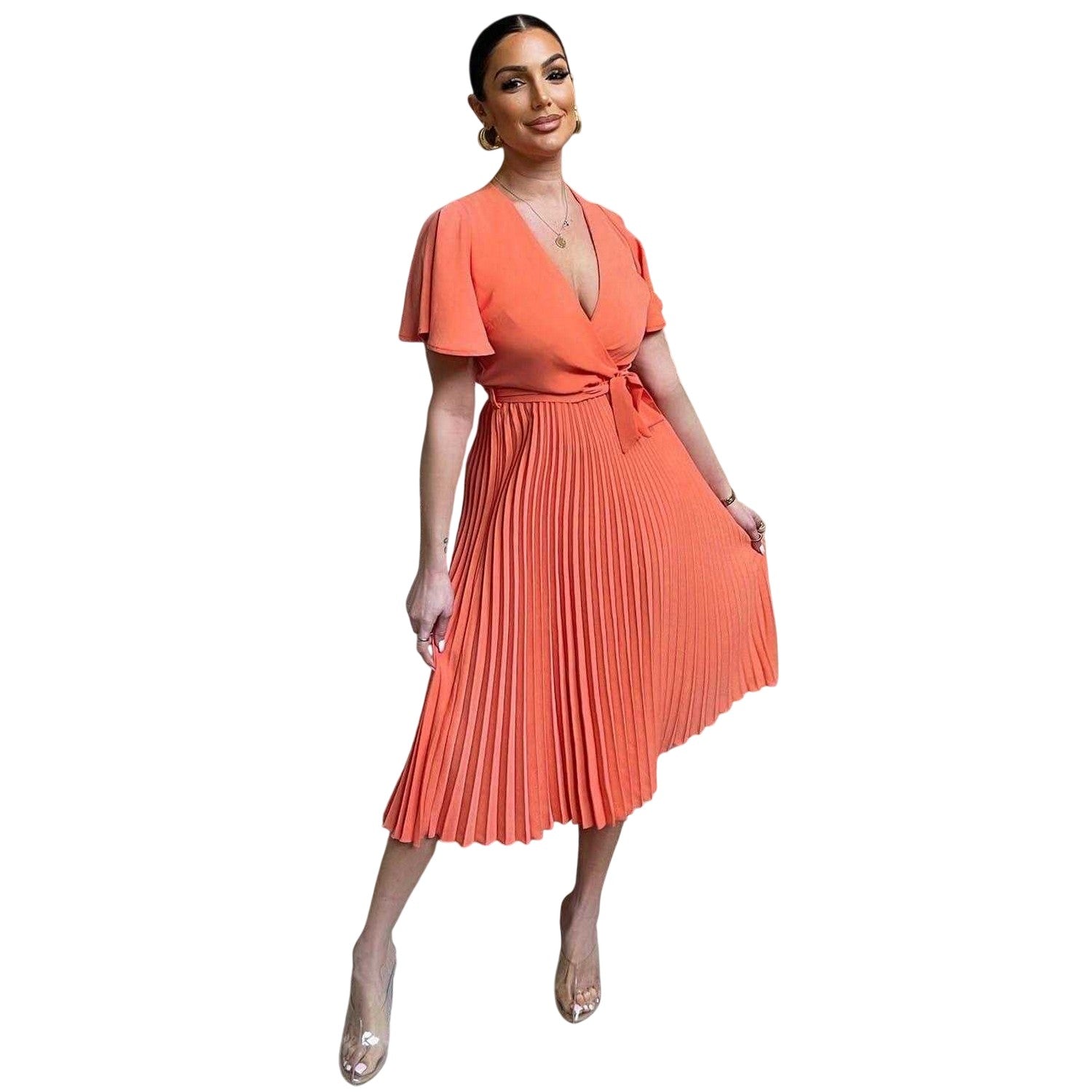 Orange - Side - AX Paris Womens-Ladies Pleated Polyester Waist Tie Midi Dress