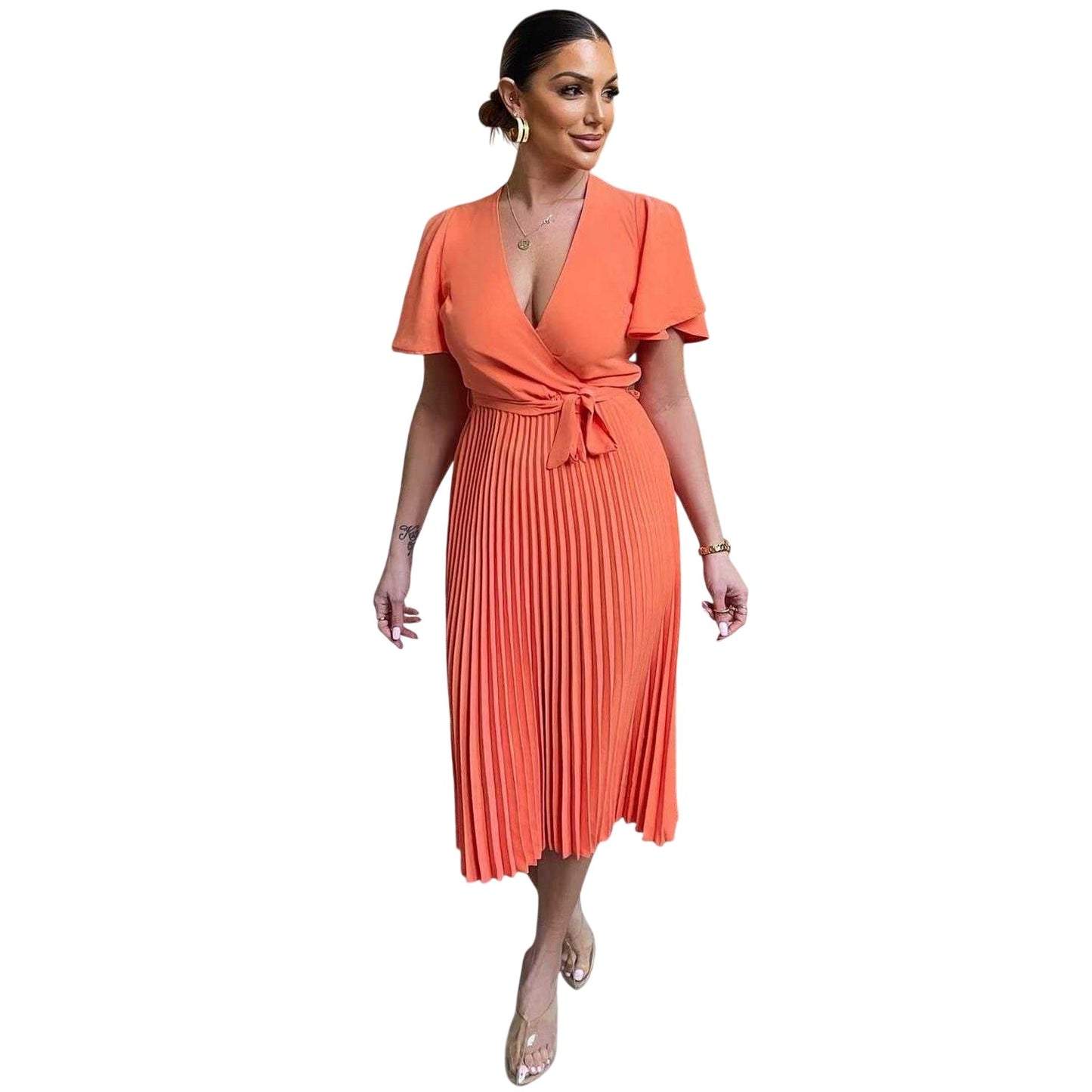 Orange - Front - AX Paris Womens-Ladies Pleated Polyester Waist Tie Midi Dress