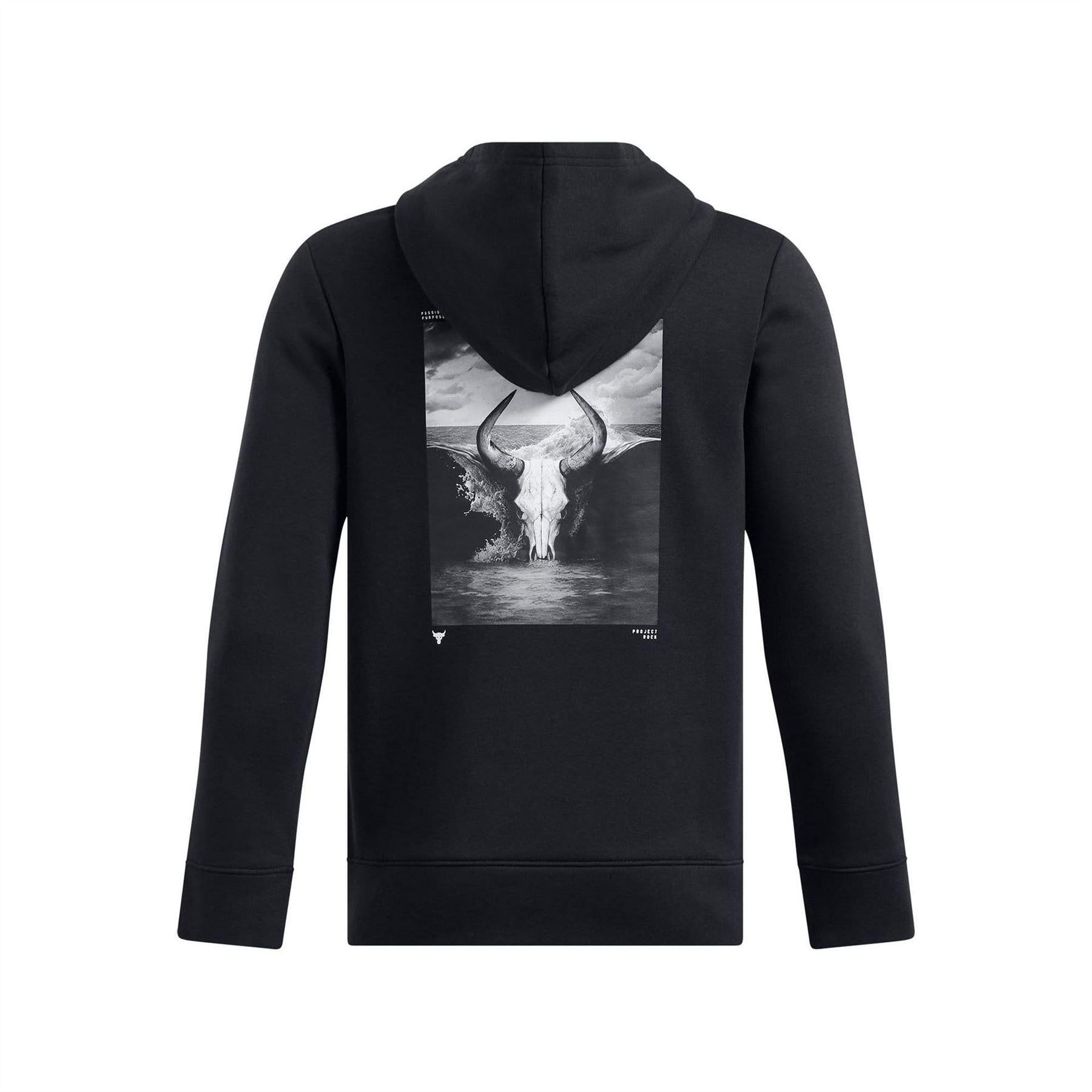 Black - Back - Under Armour Childrens-Kids Project Rock Rival Cotton Blend Pullover Hoodie