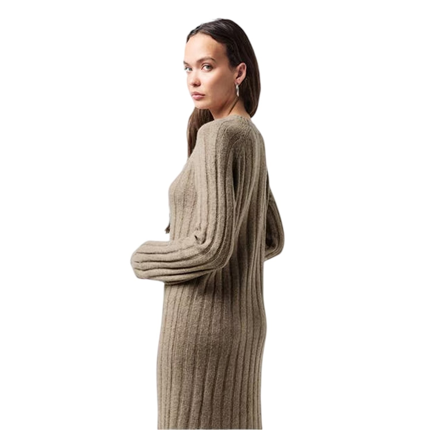 Taupe Grey - Side - Pieces Womens-Ladies Knitted Crew Neck Long-Sleeved Midi Dress
