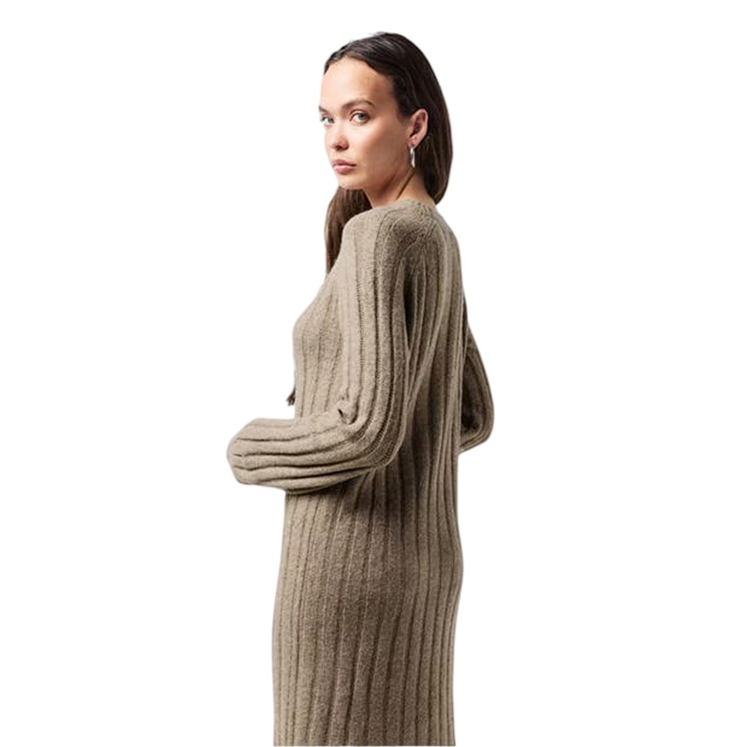 Taupe Grey - Side - Pieces Womens-Ladies Knitted Crew Neck Long-Sleeved Midi Dress