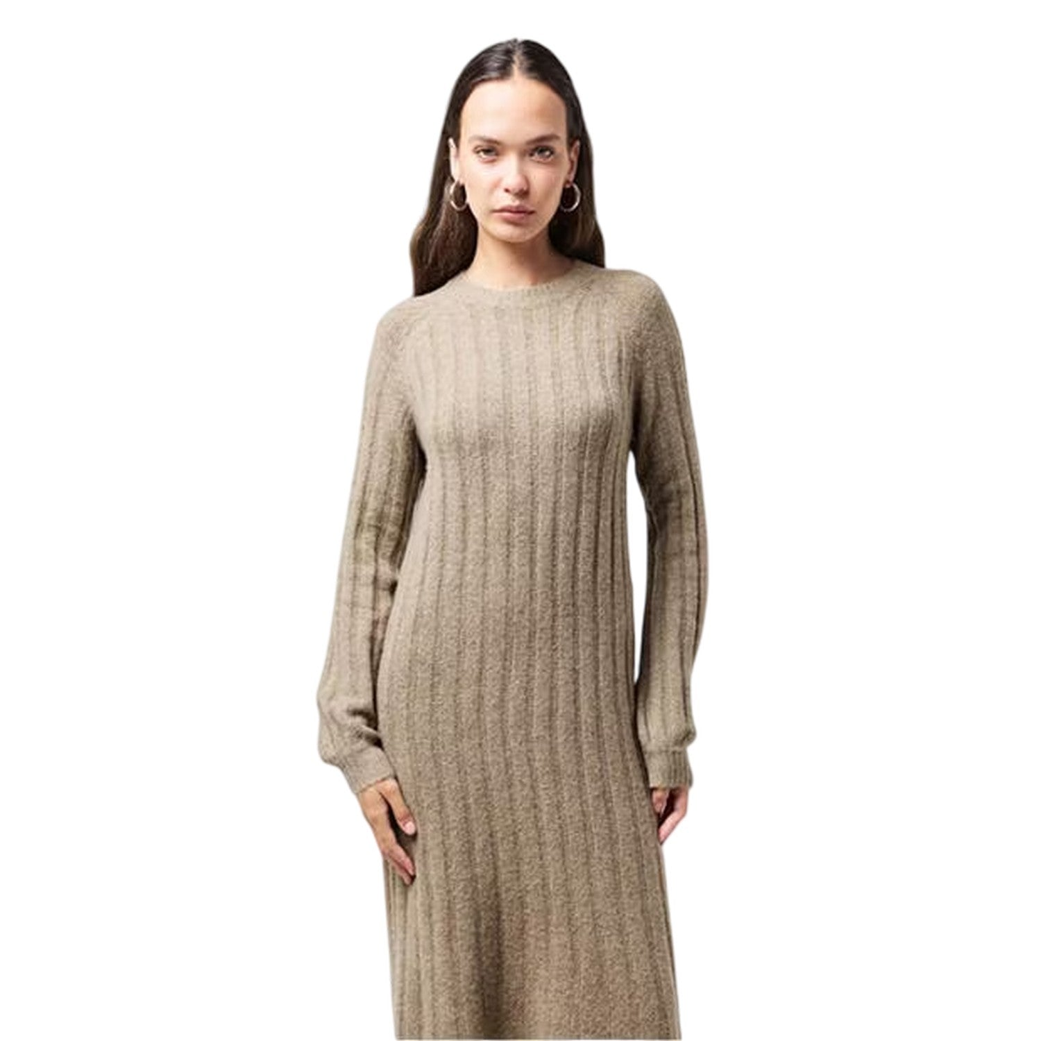 Taupe Grey - Lifestyle - Pieces Womens-Ladies Knitted Crew Neck Long-Sleeved Midi Dress