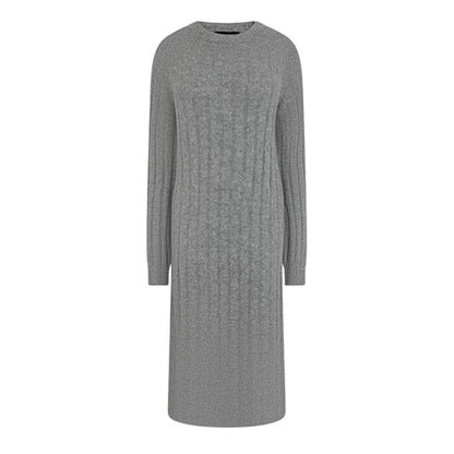 Medium Grey Melange - Front - Pieces Womens-Ladies Knitted Crew Neck Long-Sleeved Midi Dress
