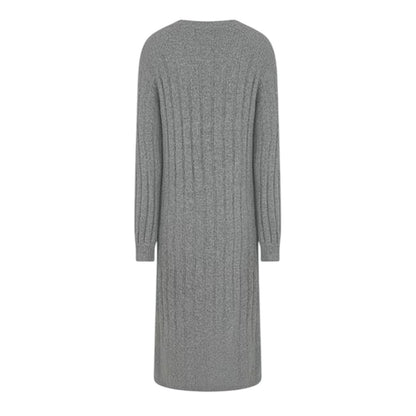 Medium Grey Melange - Back - Pieces Womens-Ladies Knitted Crew Neck Long-Sleeved Midi Dress
