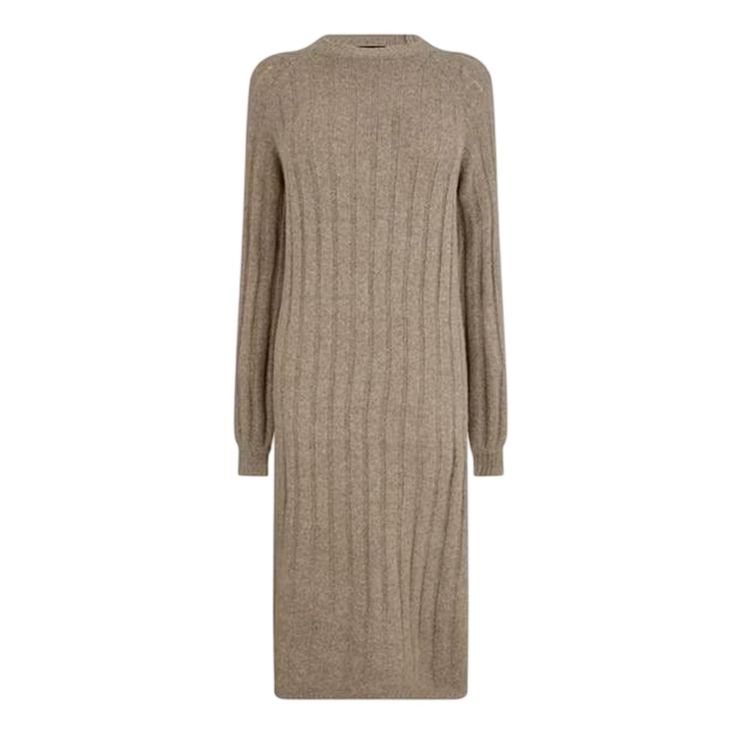 Taupe Grey - Front - Pieces Womens-Ladies Knitted Crew Neck Long-Sleeved Midi Dress