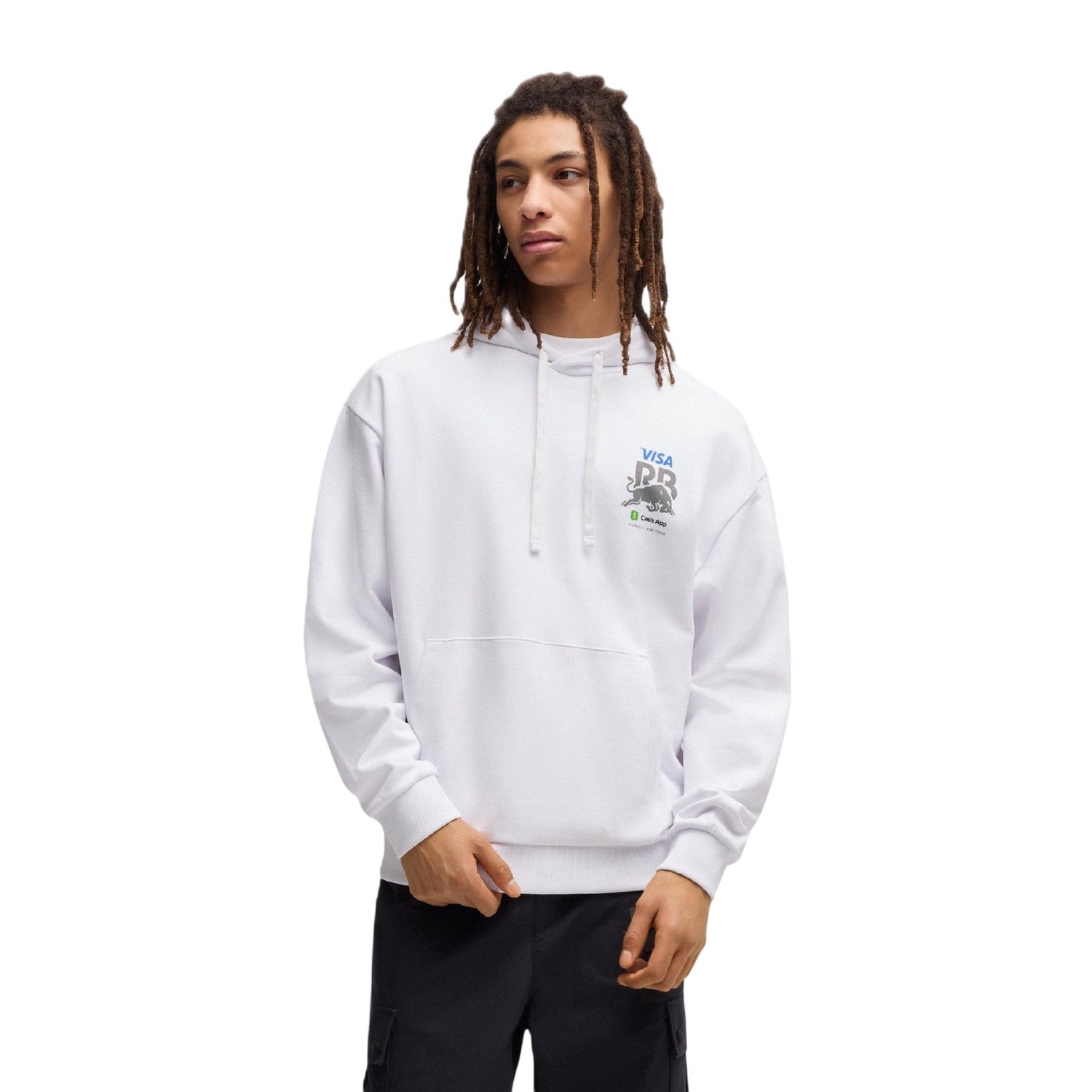 White - Side - Hugo Mens Drop Shoulder Drawstring Hoodie