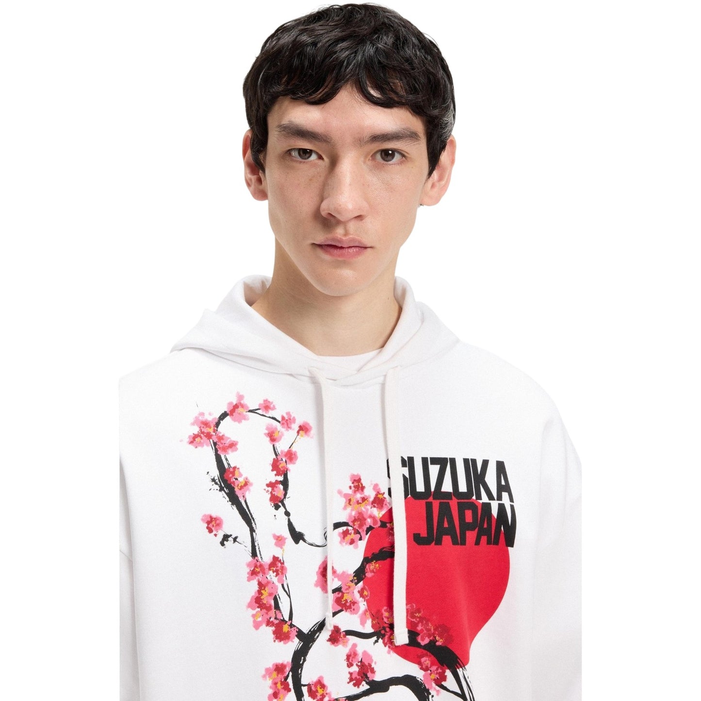 White - Side - Hugo Mens Regular Long-Sleeved Drawstring Hoodie