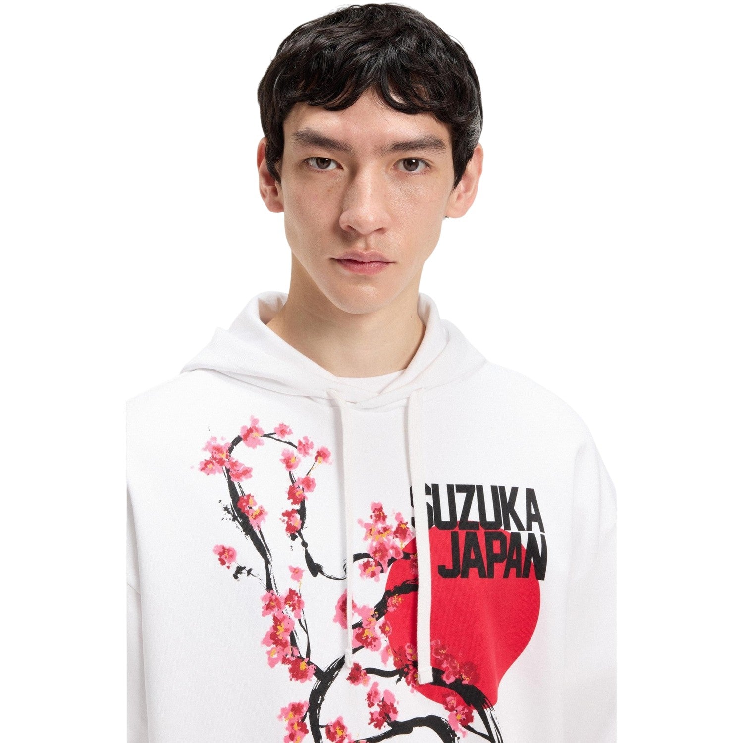 White - Side - Hugo Mens Regular Long-Sleeved Drawstring Hoodie