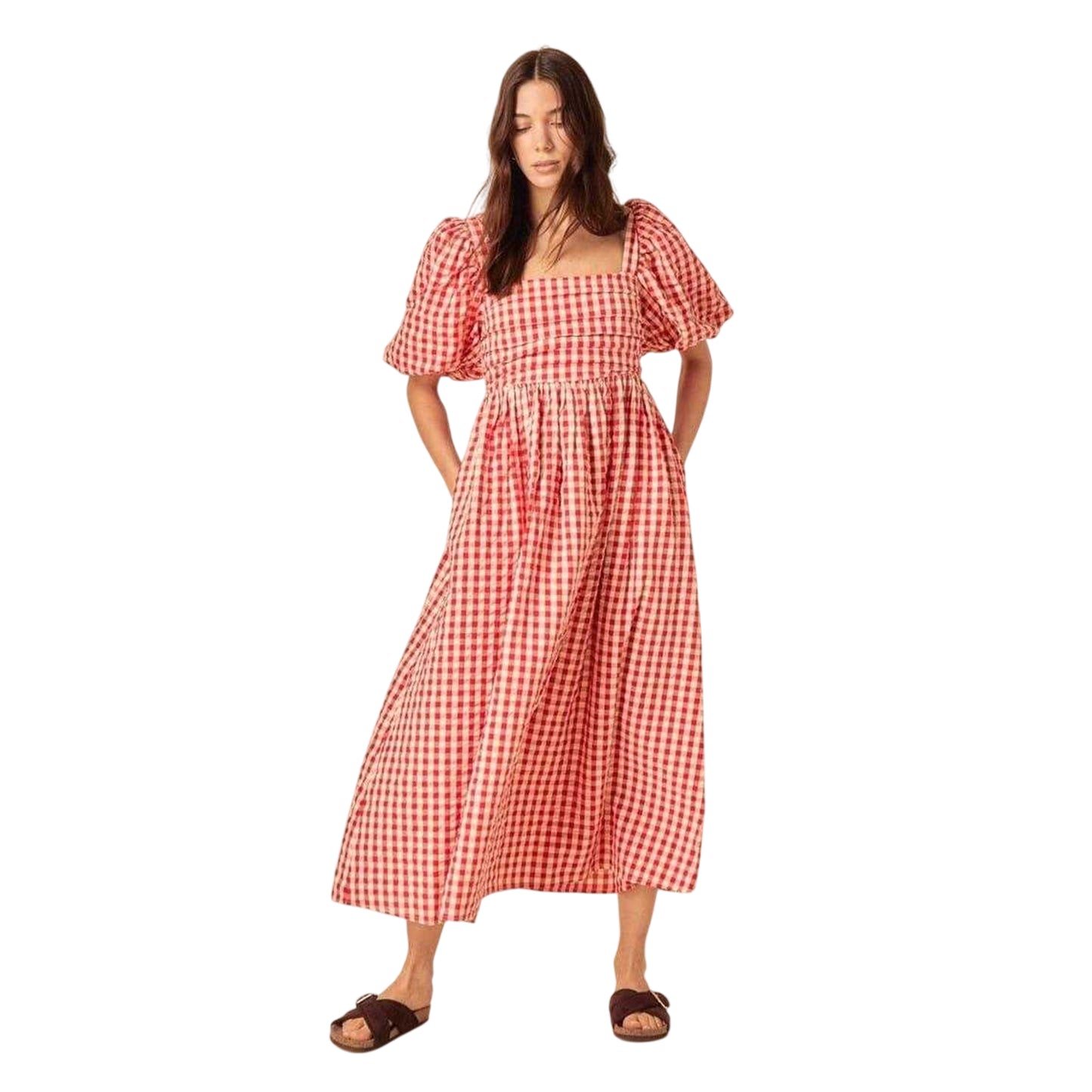 Red - Side - Nobody´s Child Womens-Ladies Nova Gingham Puff Sleeve Midi Dress