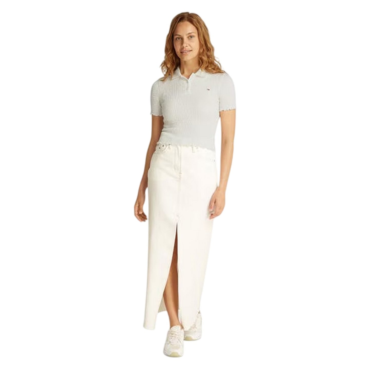 Ecru - Lifestyle - Tommy Jeans Womens-Ladies Crop Shirred Slim Polo Shirt
