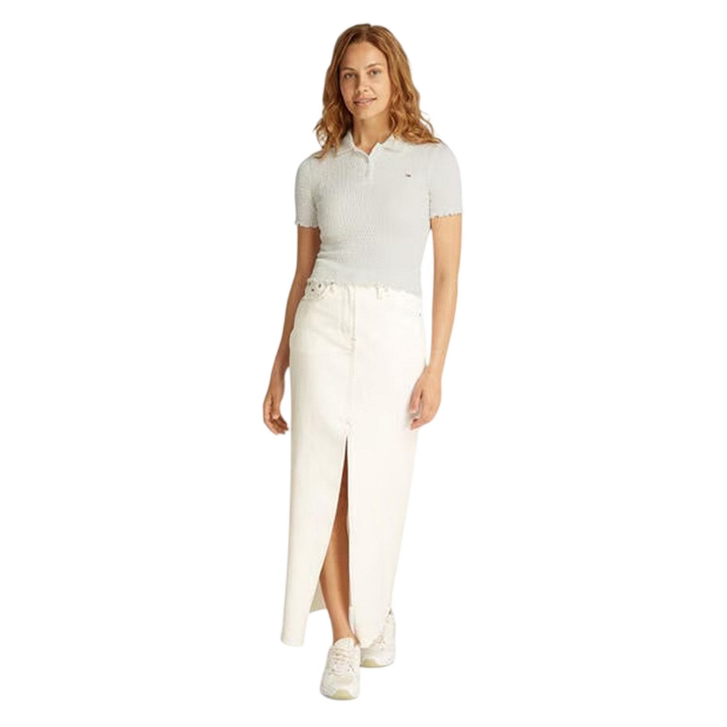 Ecru - Lifestyle - Tommy Jeans Womens-Ladies Crop Shirred Slim Polo Shirt