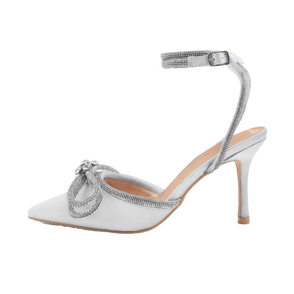 Silver - Back - Where´s That From Womens-Ladies Fabric Bow Detail Stiletto Heel Court Shoes