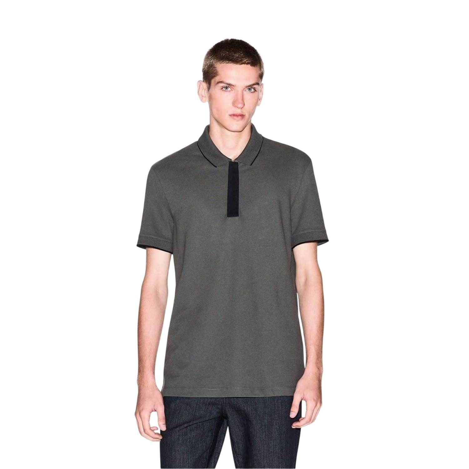 Khaki Tone - Side - Armani Exchange Mens Stripe Quarter Zip Polo Shirt
