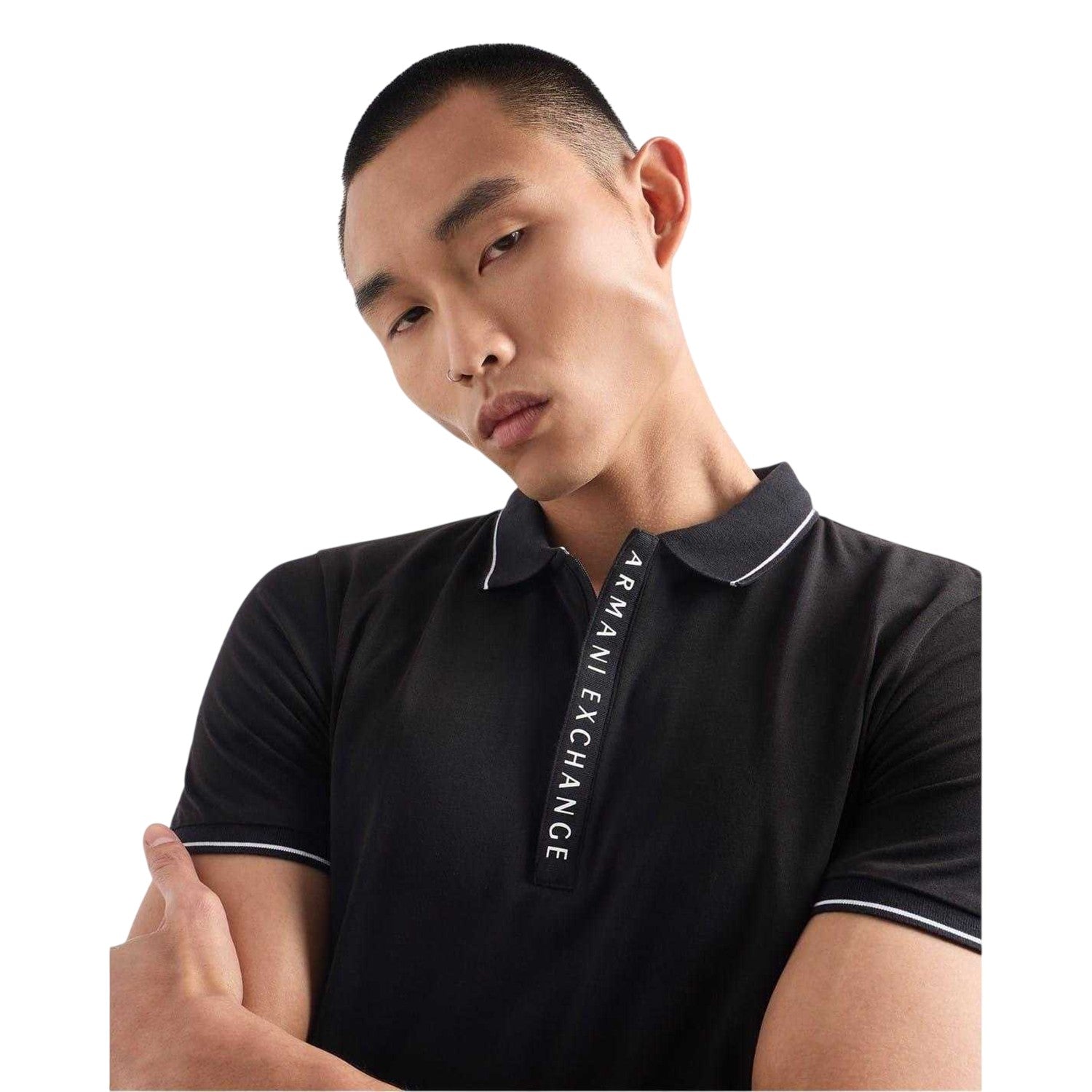 Black - Side - Armani Exchange Mens Stripe Quarter Zip Polo Shirt