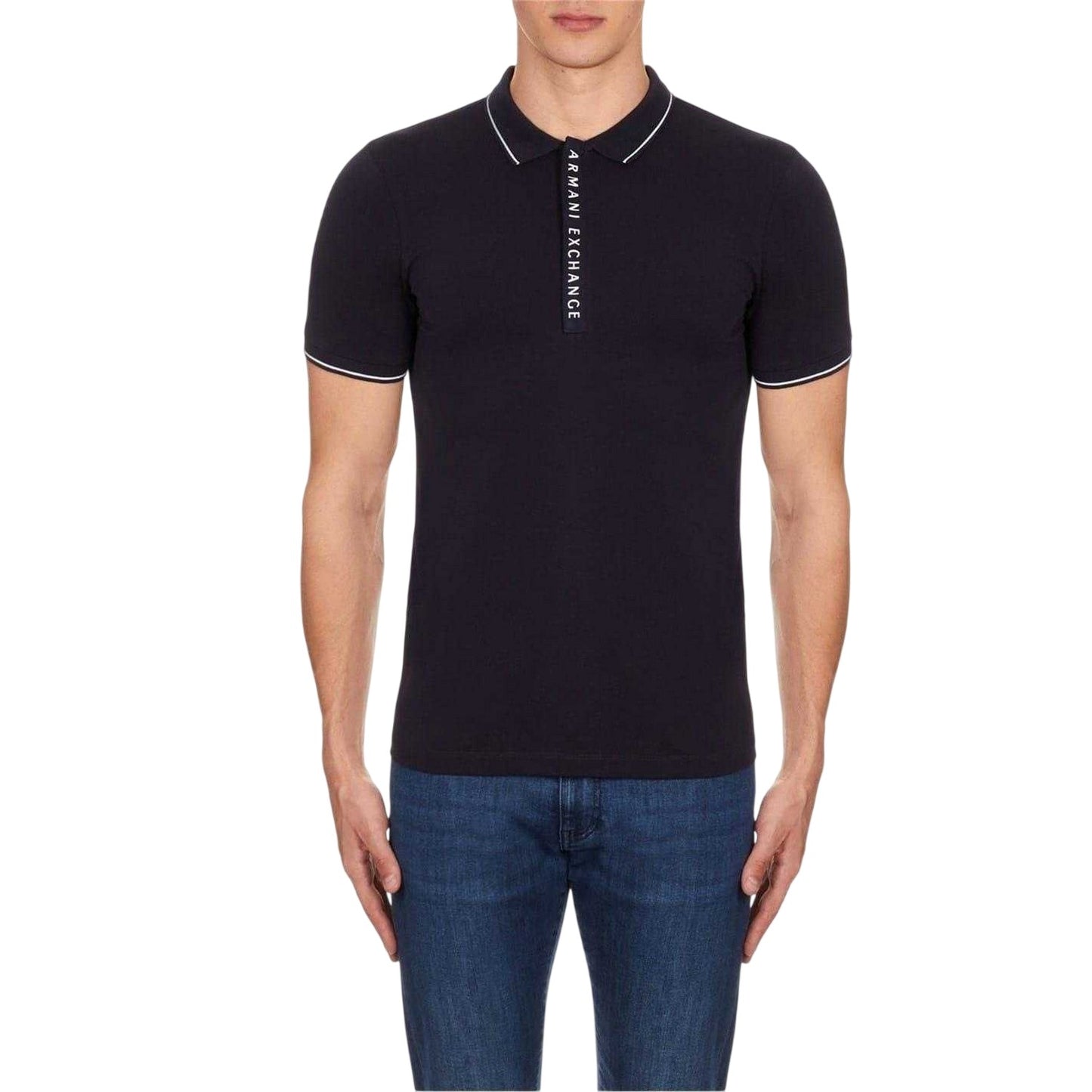 Dark Navy - Front - Armani Exchange Mens Stripe Quarter Zip Polo Shirt