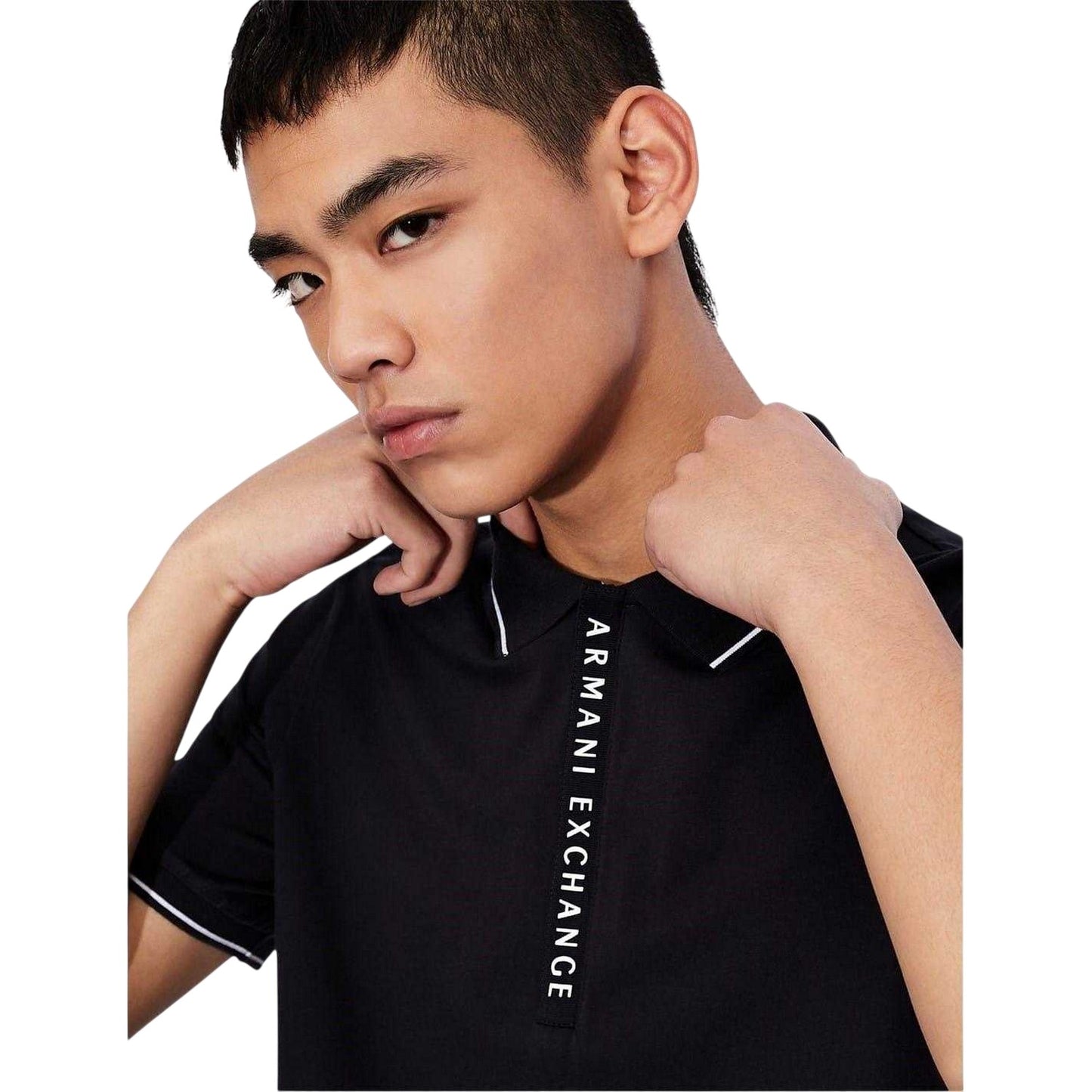 Dark Navy - Side - Armani Exchange Mens Stripe Quarter Zip Polo Shirt