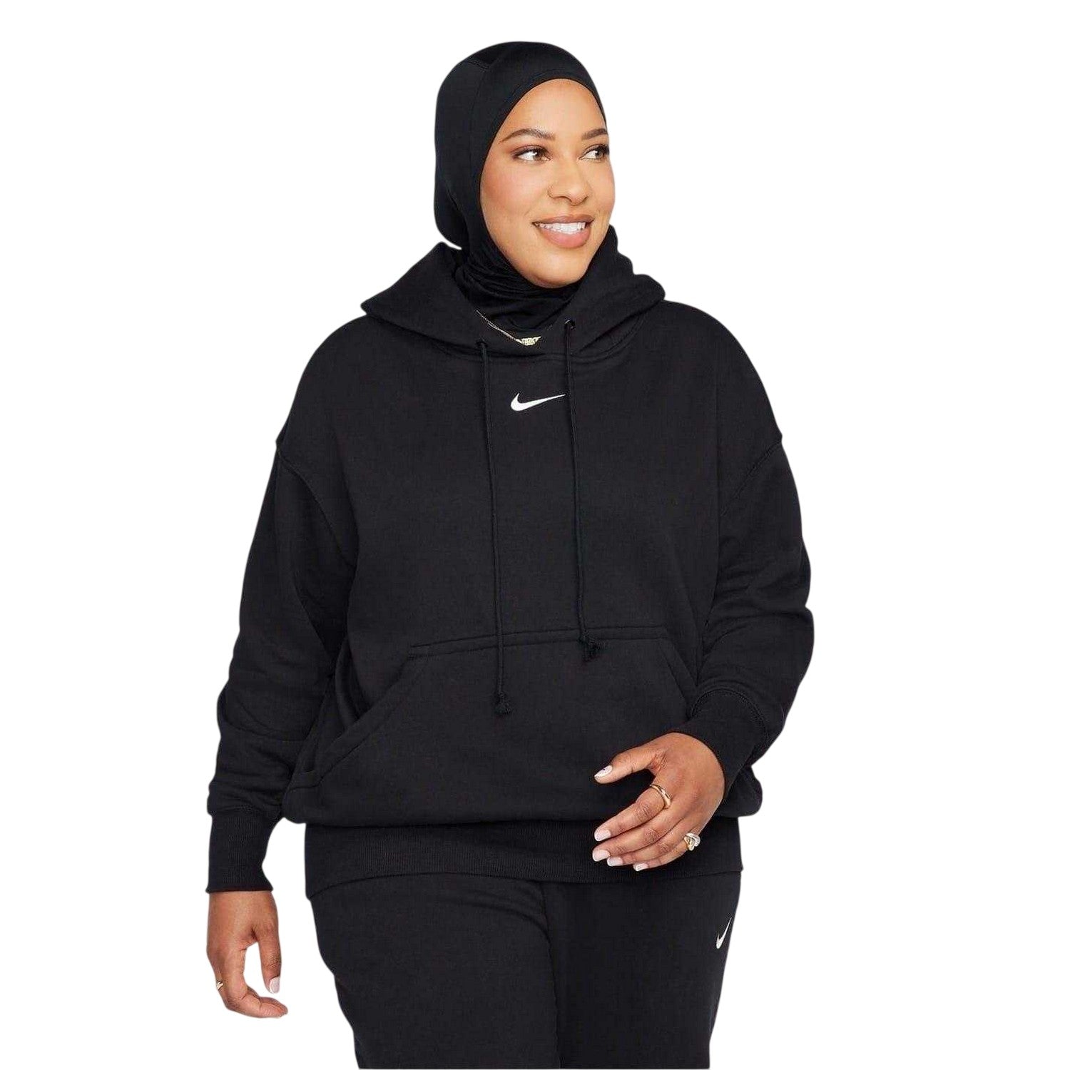 Black-White - Front - Nike Womens-Ladies Phoenix Fleece Pull Over Oversized Hoodie