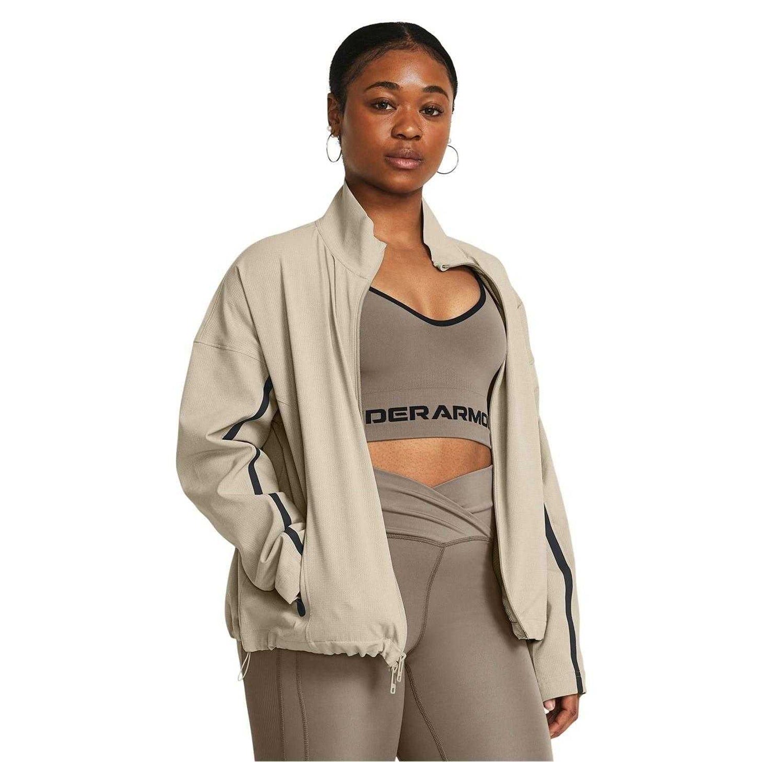 Beige - Side - Under Armour Womens-Ladies Unstoppable Ventilated Athletic Tracksuit Top