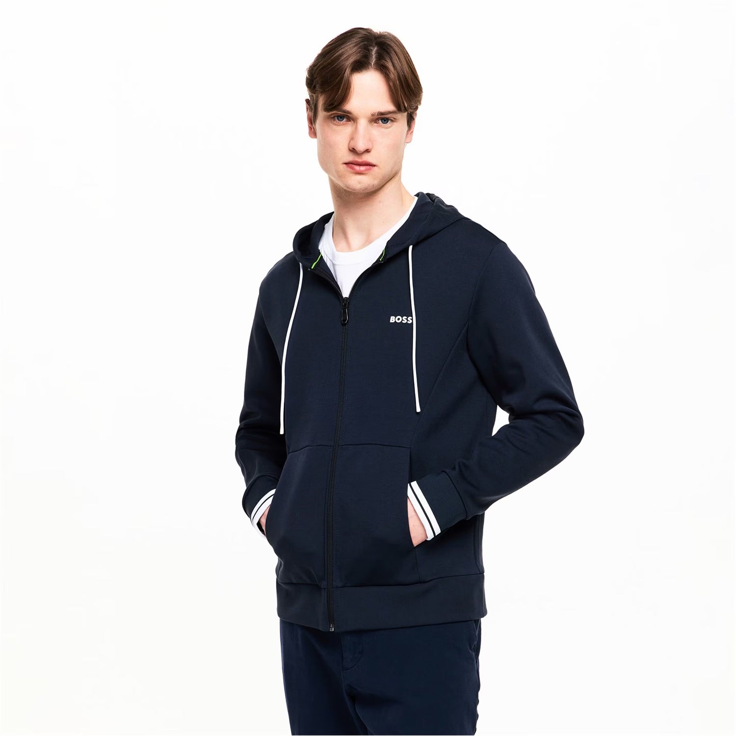 Dark Blue - Side - Boss Mens Stretch Sport Full Zip Hoodie