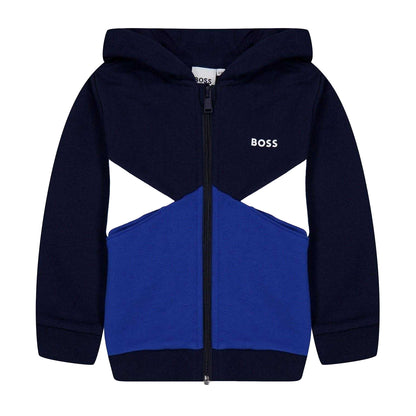Navy - Front - Boss Boys Colour Block Regular Full Zip Hoodie