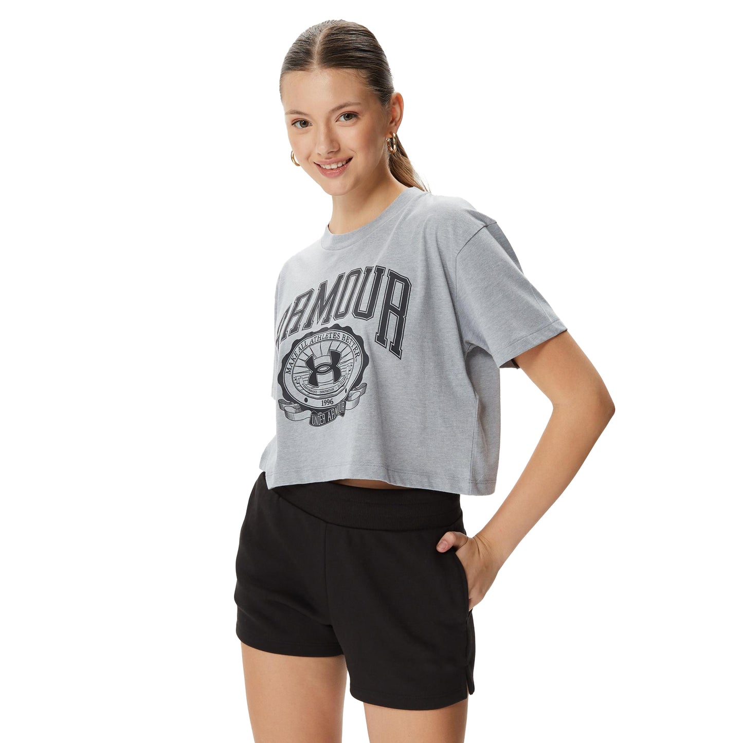 Grey - Side - Under Armour Womens-Ladies Collegiate Short-Sleeved Crop T-Shirt