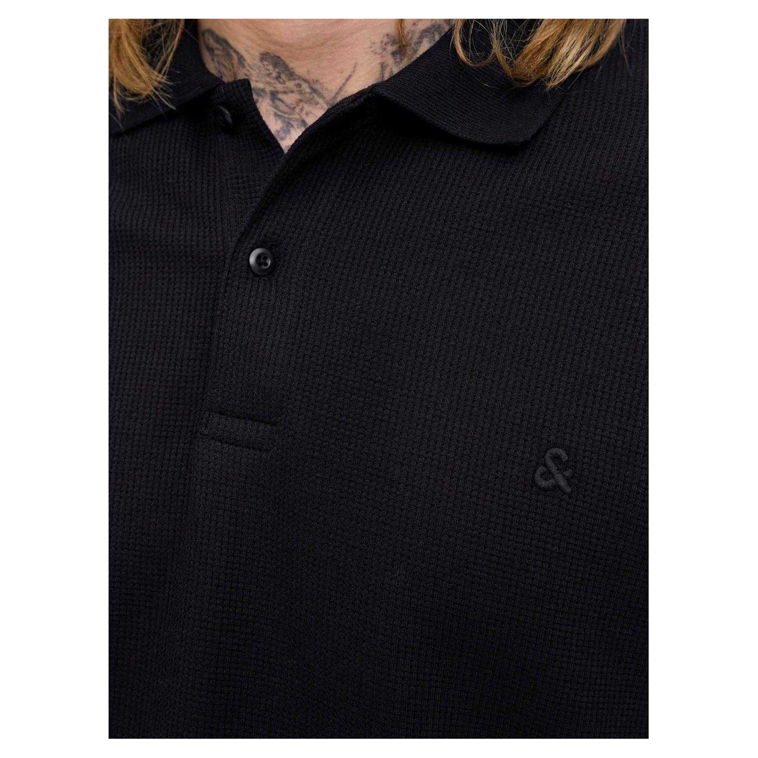 Black - Side - Jack And Jones Mens Textured Long-Sleeved Polo Shirt