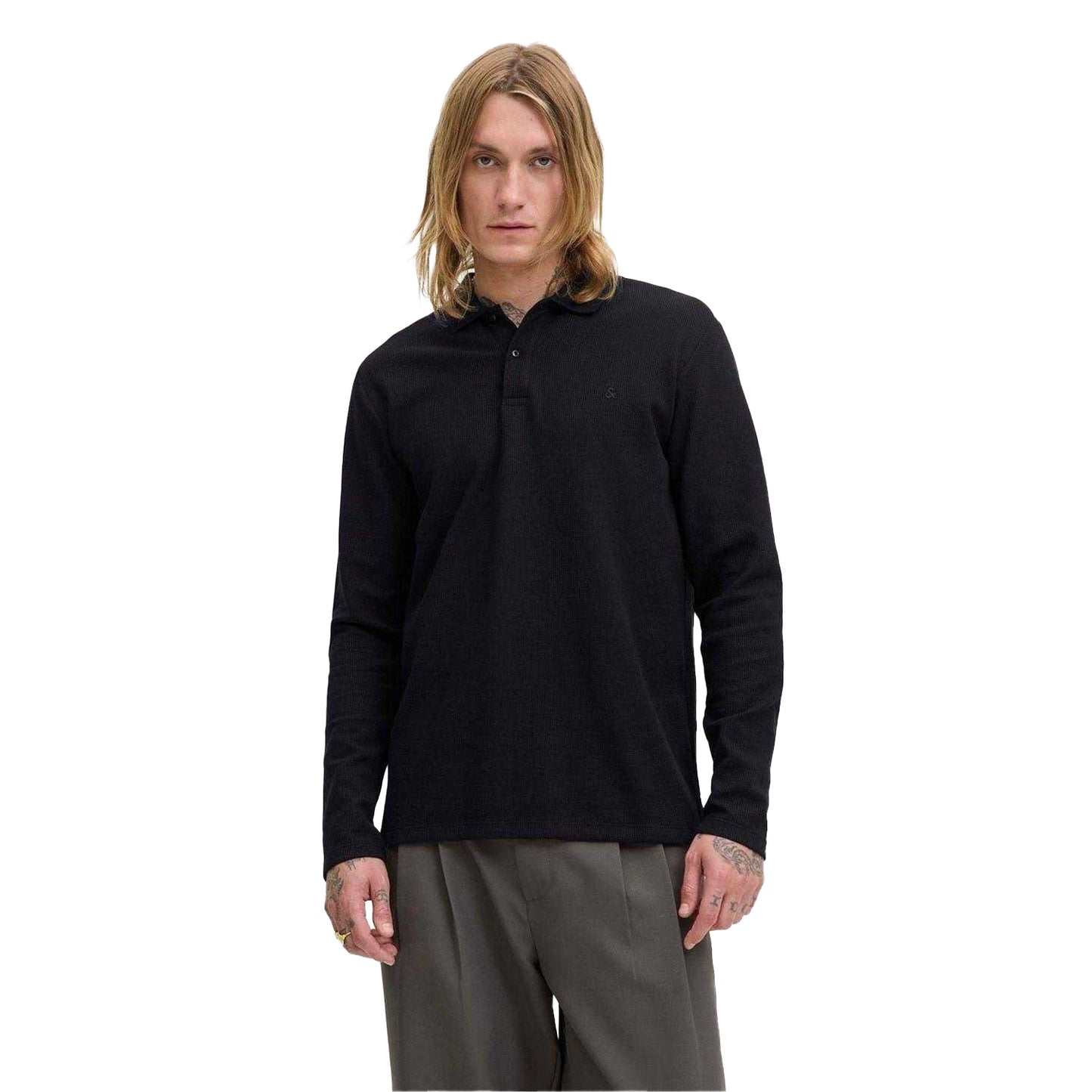 Black - Lifestyle - Jack And Jones Mens Textured Long-Sleeved Polo Shirt