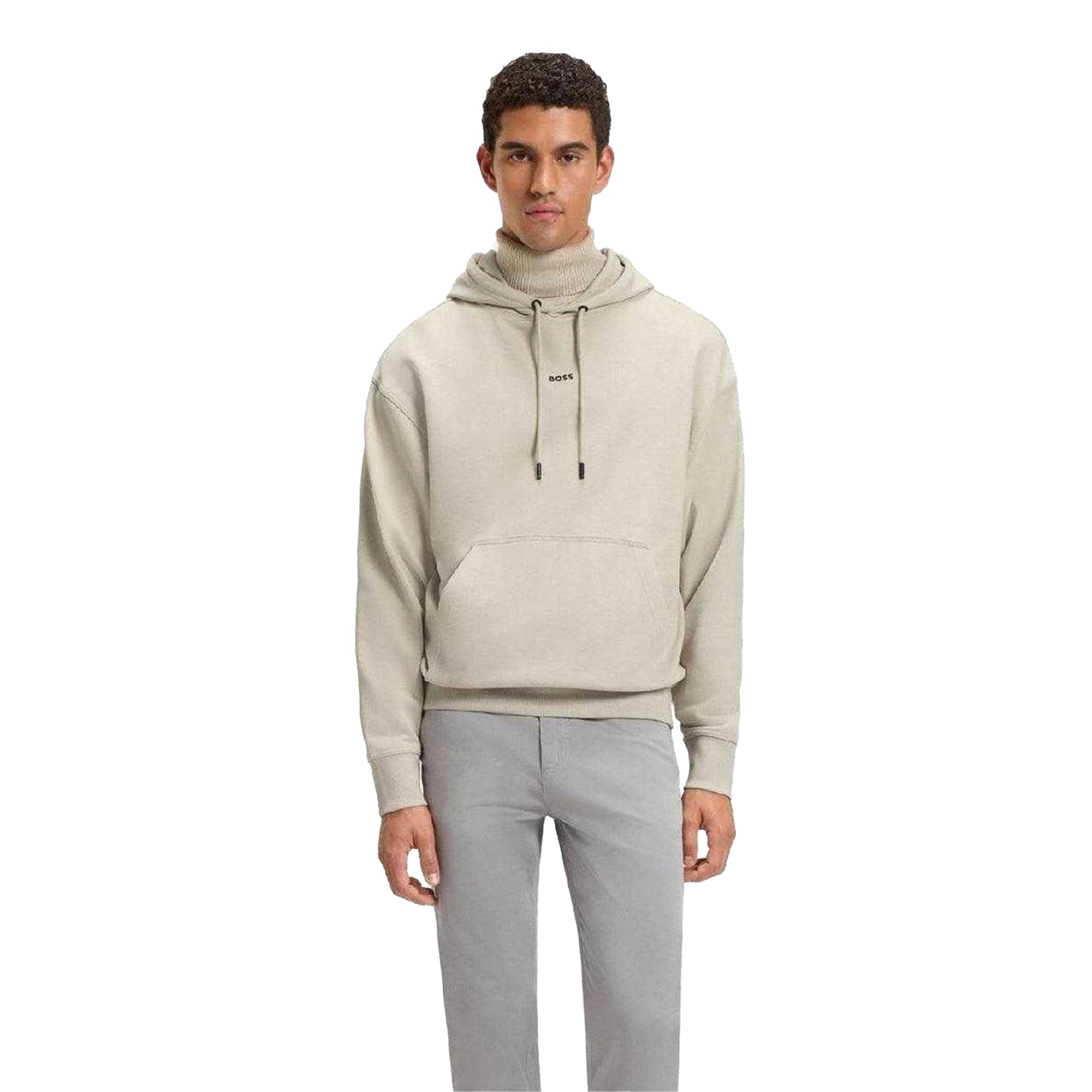 Beige - Side - Boss Mens Cotton Regular Long-Sleeved Pullover Hoodie