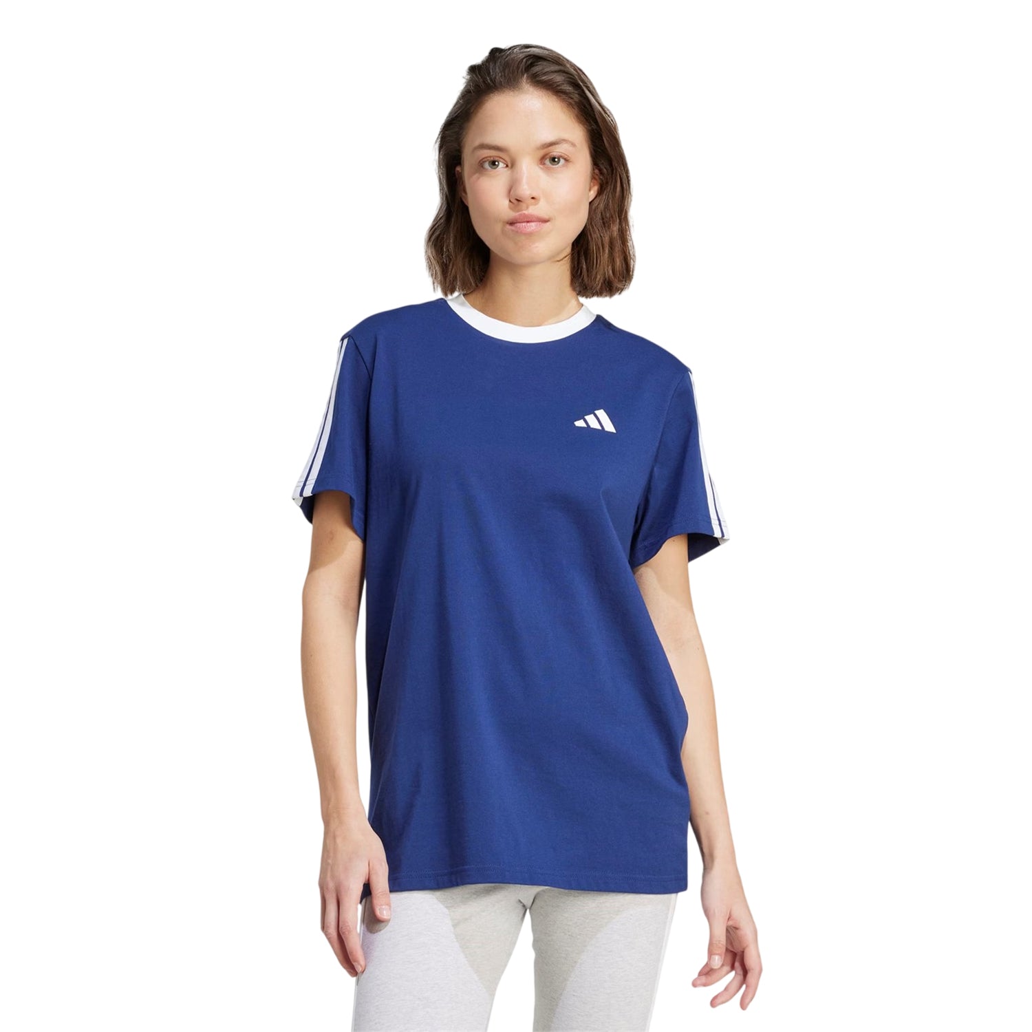 Navy-White - Side - Adidas Womens-Ladies Essentials 3 Stripes T-Shirt