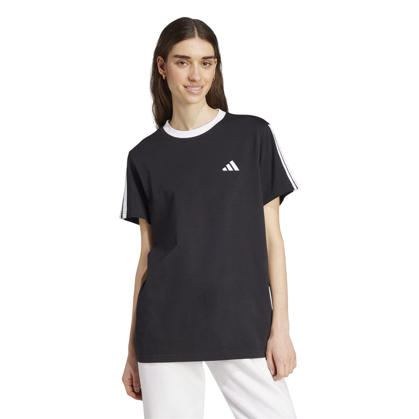 Black-White - Side - Adidas Womens-Ladies Essentials 3 Stripes T-Shirt