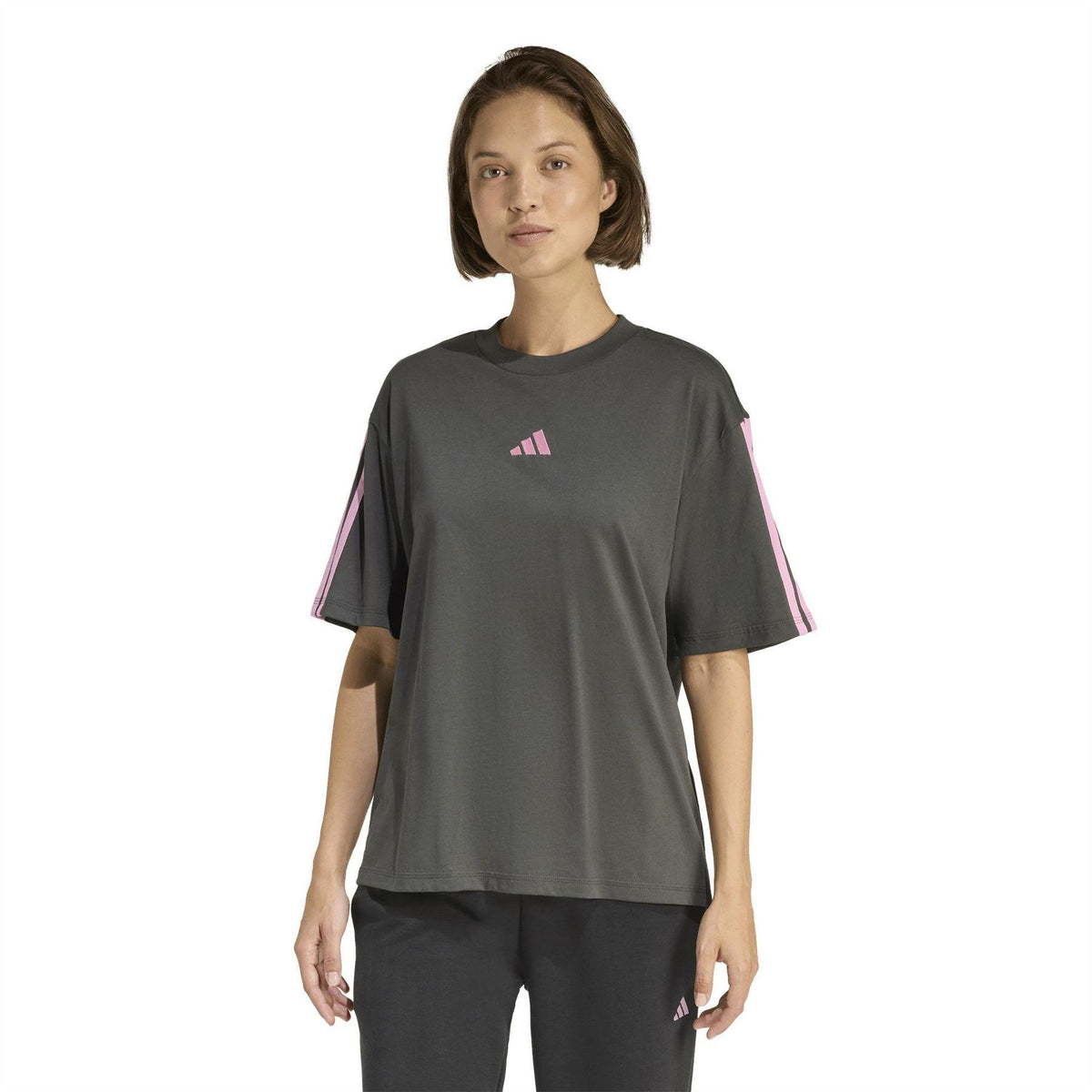 Pink - Back - Adidas Womens-Ladies Essentials 3 Stripes T-Shirt