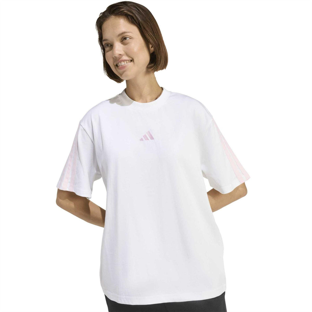 White-Pink - Pack Shot - Adidas Womens-Ladies Essentials 3 Stripes T-Shirt