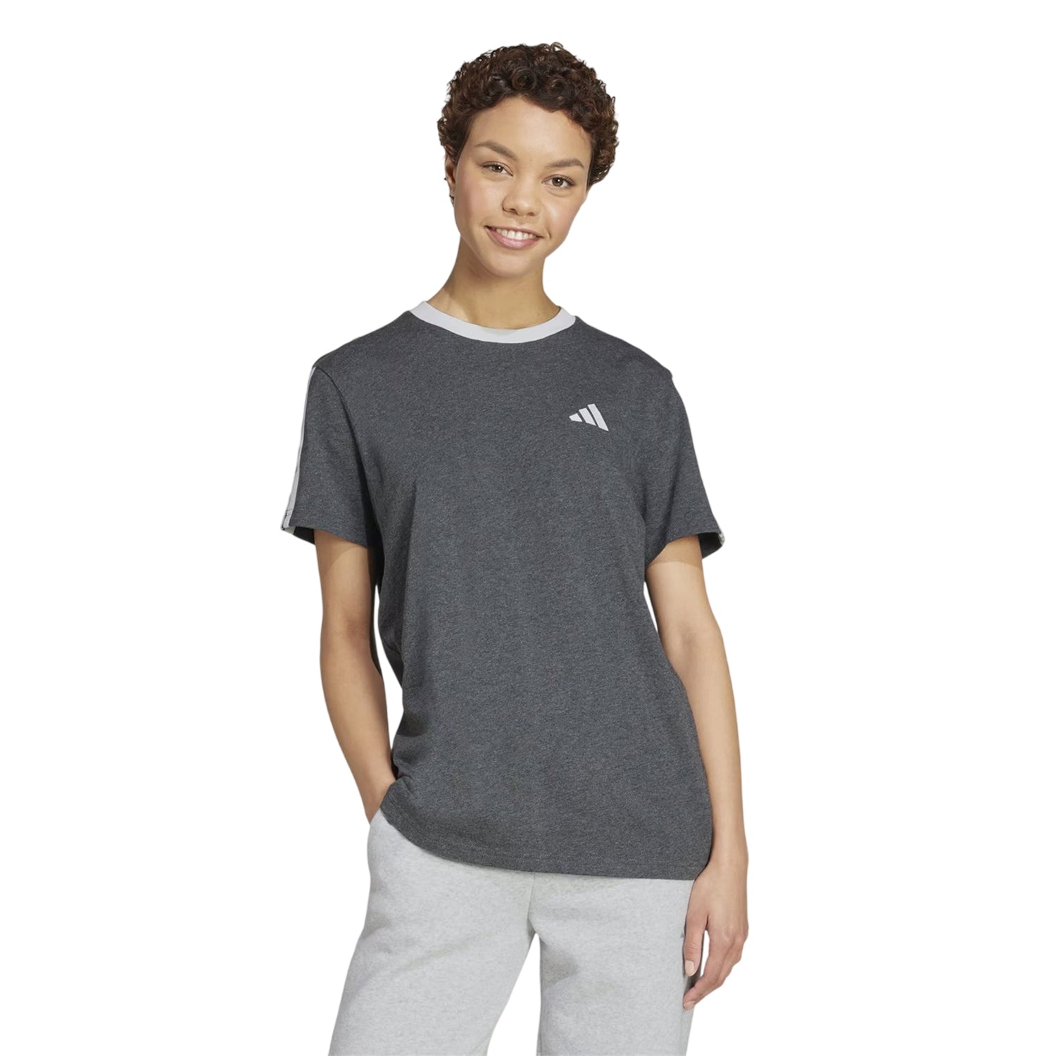 Charcoal Grey - Side - Adidas Womens-Ladies Essentials 3 Stripes T-Shirt