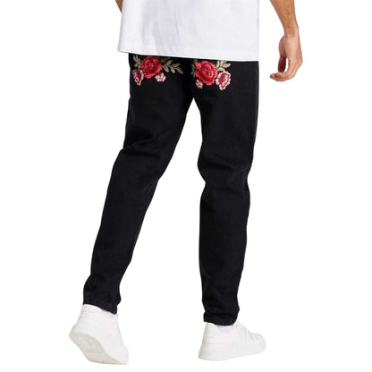 Black - Back - SikSilk Mens St Jean Denim Floral Embroidery Regular Jeans