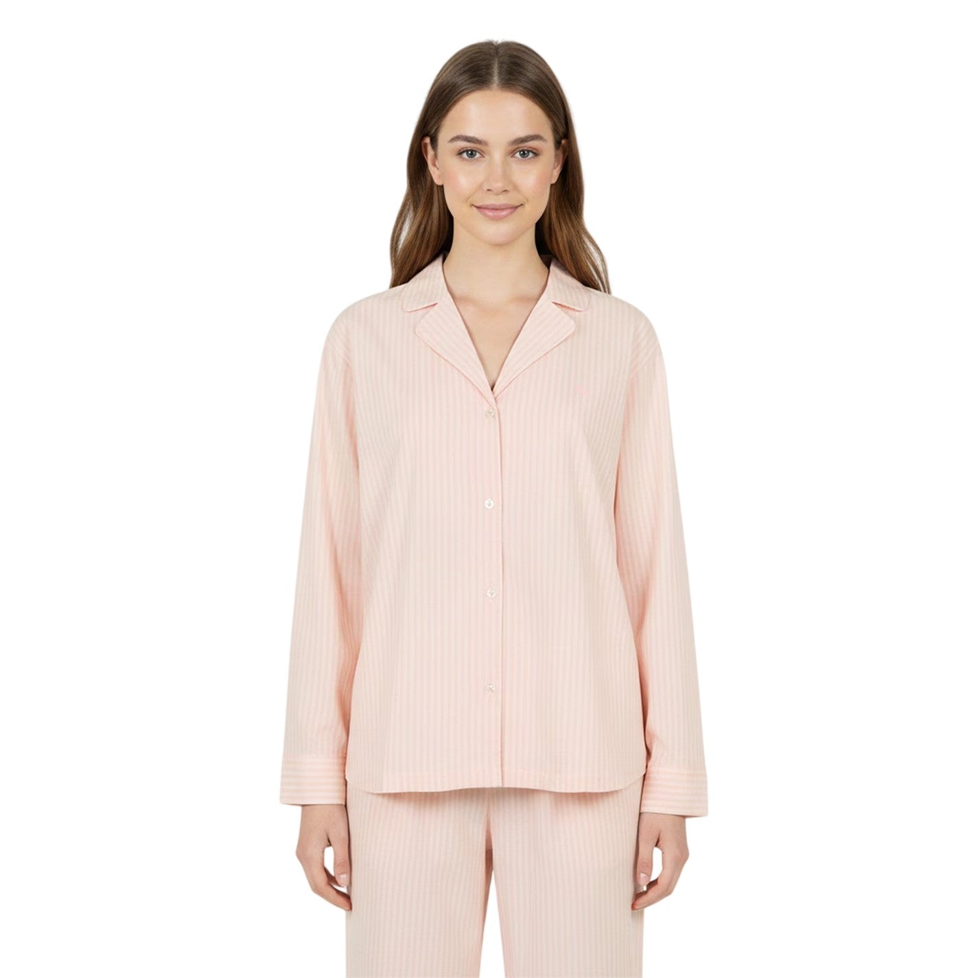 White-Pink - Close up - Jack Wills Womens-Ladies Stripe Revere Collar Long-Sleeved Long Pyjama Set
