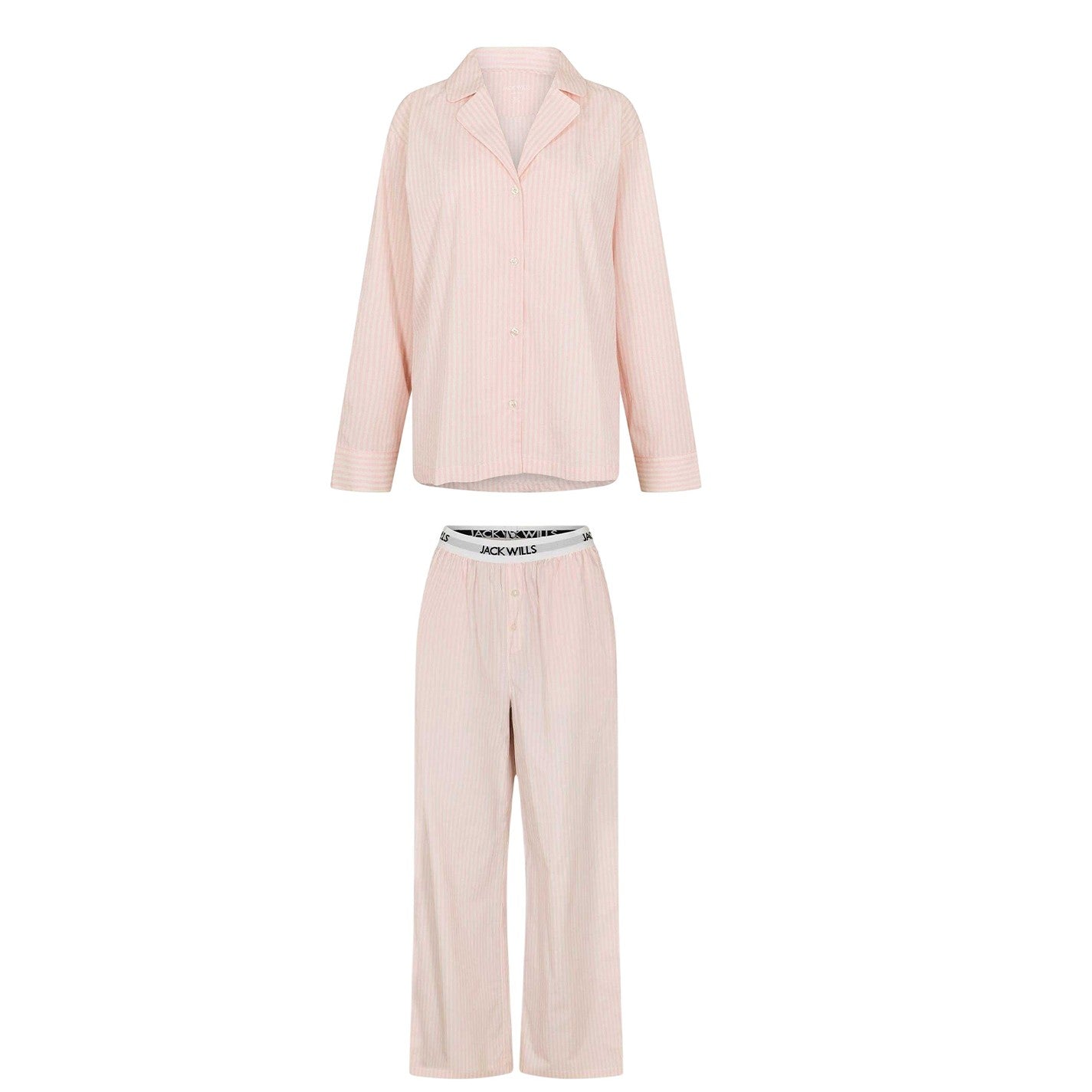White-Pink - Front - Jack Wills Womens-Ladies Stripe Revere Collar Long-Sleeved Long Pyjama Set