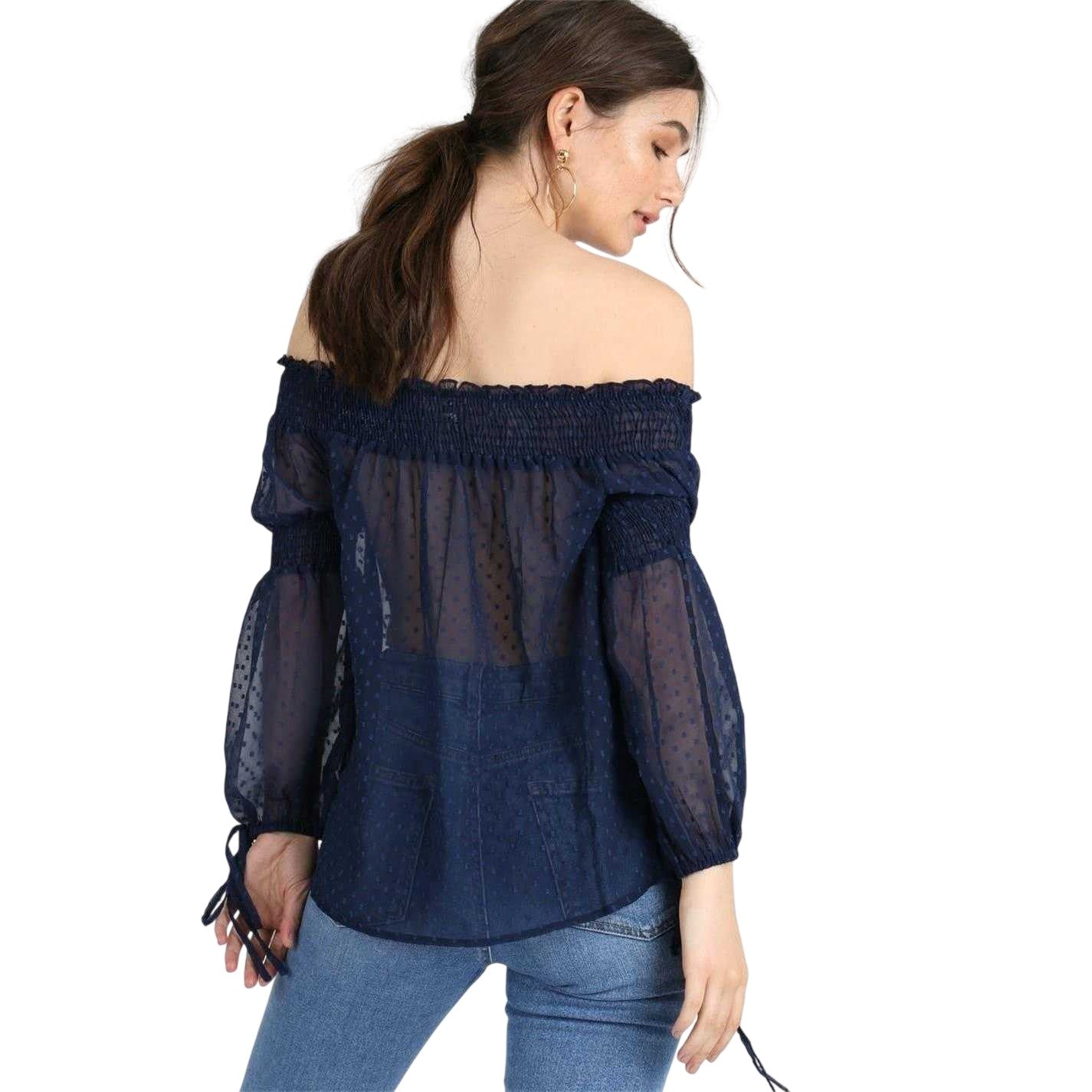 Navy - Back - Influence Womens-Ladies Shirred Bardot Top