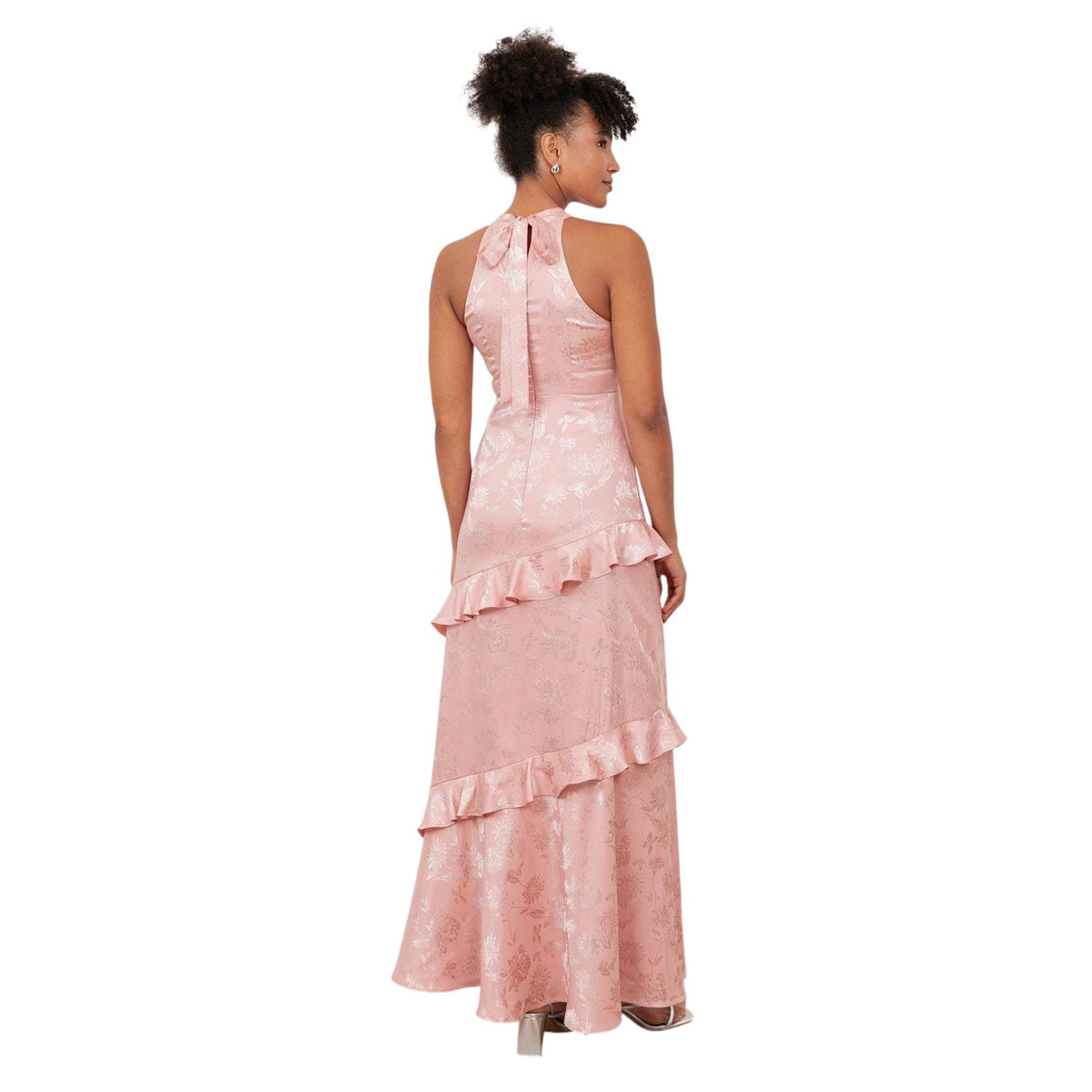 Soft Pink - Back - Maya Deluxe Womens-Ladies Floral Satin Halter Neck Maxi Dress