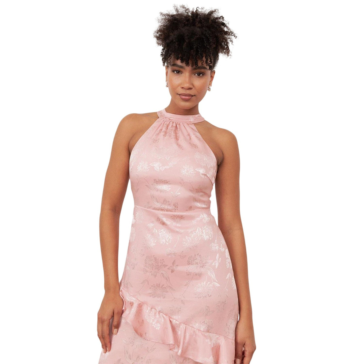 Soft Pink - Side - Maya Deluxe Womens-Ladies Floral Satin Halter Neck Maxi Dress