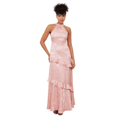 Soft Pink - Front - Maya Deluxe Womens-Ladies Floral Satin Halter Neck Maxi Dress