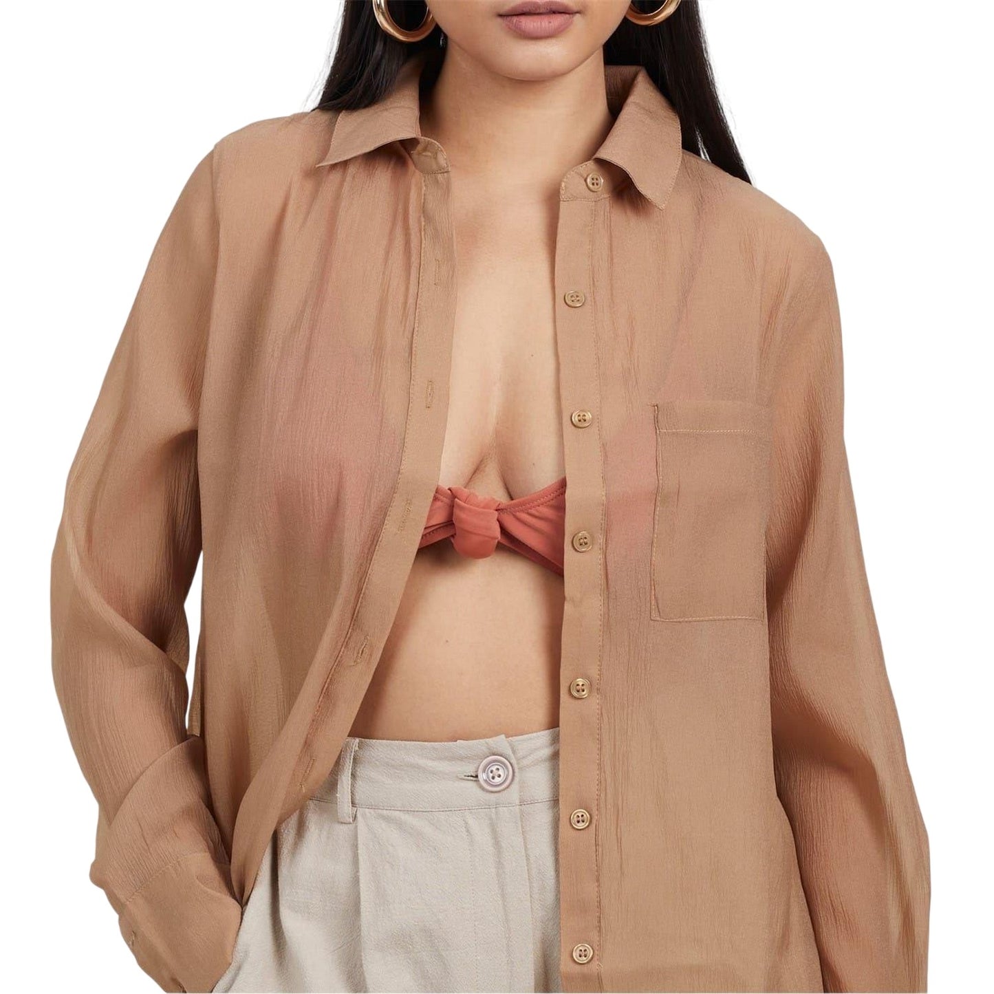 Beige - Side - Brave Soul Womens-Ladies Collared Long-Sleeved Shirt
