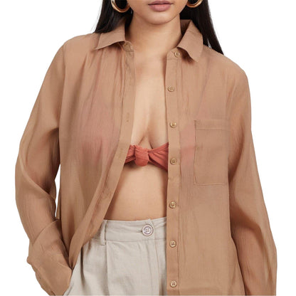 Beige - Side - Brave Soul Womens-Ladies Collared Long-Sleeved Shirt