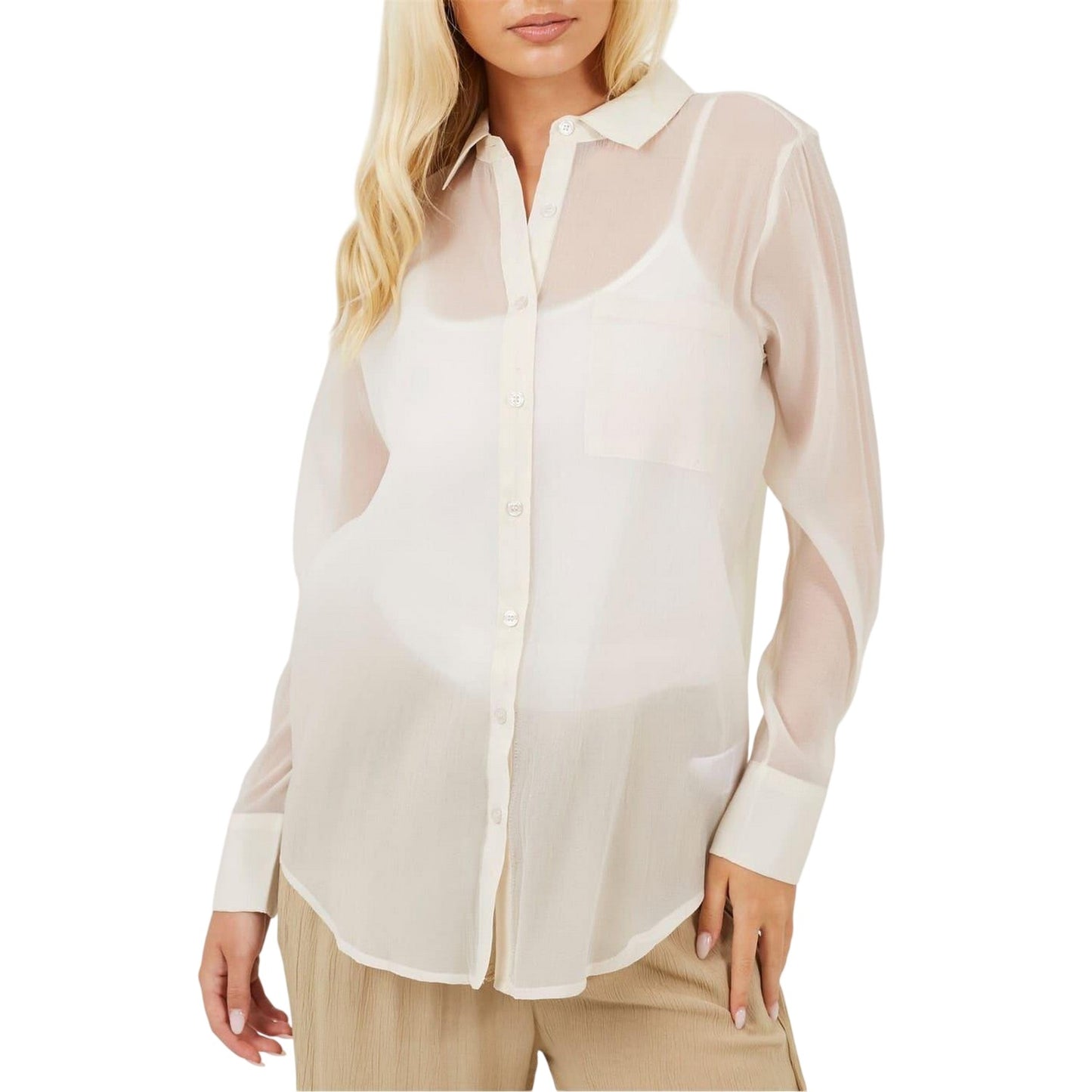 Cream - Front - Brave Soul Womens-Ladies Collared Long-Sleeved Shirt