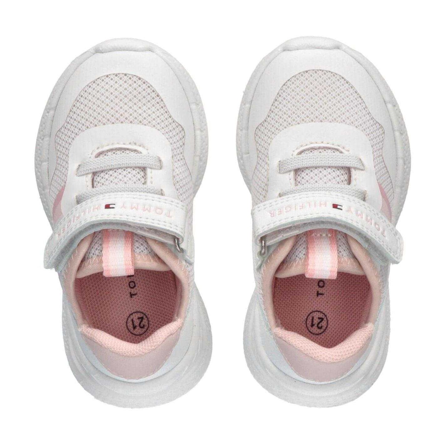White-Pink - Side - Tommy Hilfiger Childrens-Kids Stripe Leather Accents Flat Trainers
