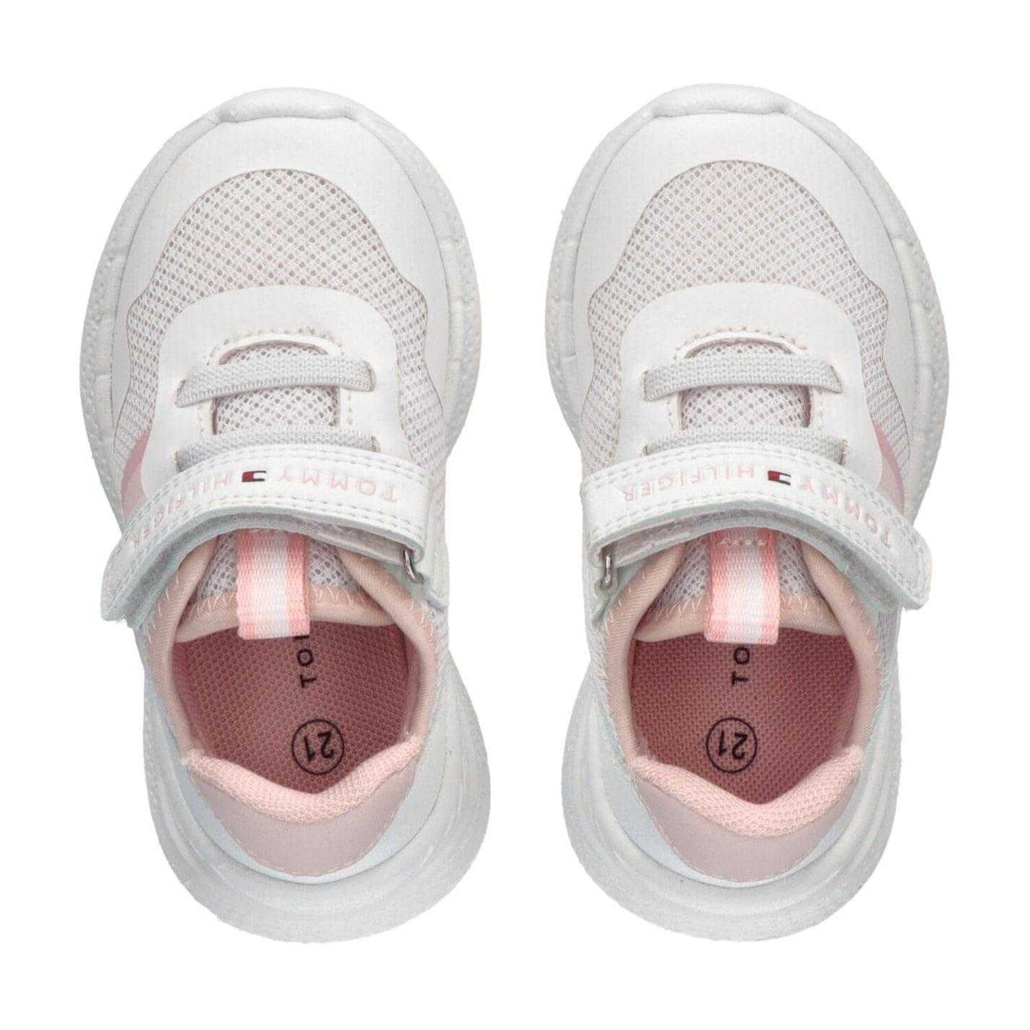 White-Pink - Side - Tommy Hilfiger Childrens-Kids Stripe Leather Accents Flat Trainers