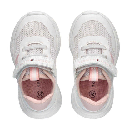 White-Pink - Side - Tommy Hilfiger Childrens-Kids Stripe Leather Accents Flat Trainers