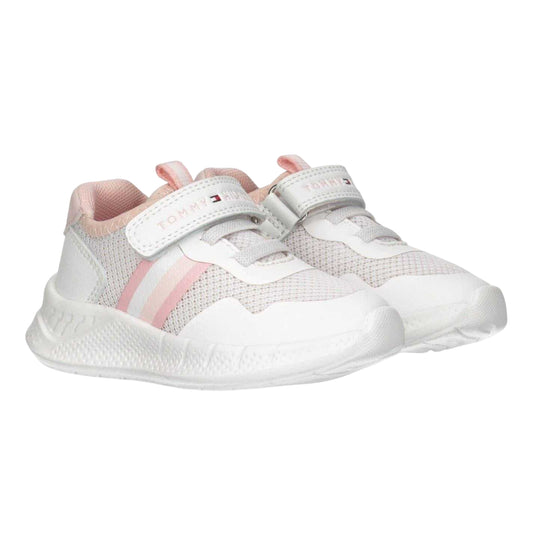 White-Pink - Front - Tommy Hilfiger Childrens-Kids Stripe Leather Accents Flat Trainers